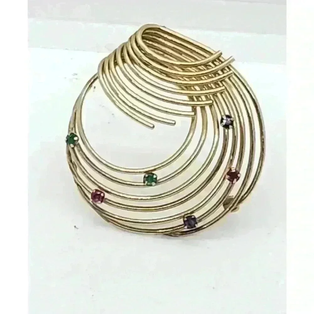 1950s Brooch 12k Gold Fill Rhinestone Art Deco Swirl MCM signed Winard